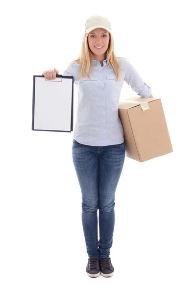 Post leverans service kvinna med Tom Urklipp och cardboar — Stockfoto