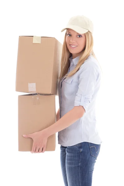Postai szállítási nő holding elszigetelt fehér carboard dobozok — Stock Fotó