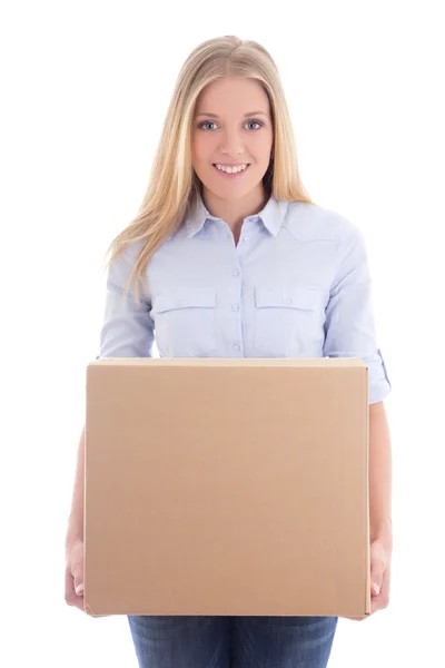 Happy young woman holding cardboard box isolated on white — Stock Photo, Image