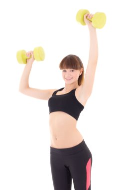 genç güzel ince kadın üzerinde beyaz izole dumbbells ile