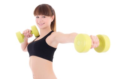 beyaz izole dumbell tutan sportif genç kadın