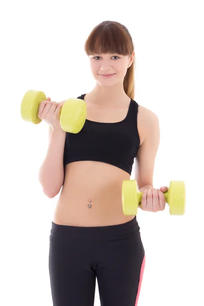 Jeune femme sportive avec haltères isolées sur blanc — Photo