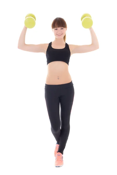 Young woman doing exercise with dumbbells isolated on white — Stock Photo, Image