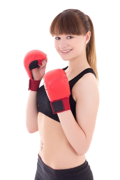 Junge sportliche Frau in Boxhandschuhe isoliert auf weiss — Stockfoto