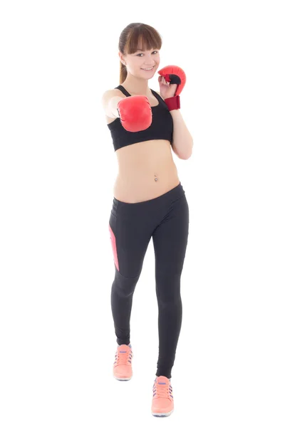 Young beautiful slim woman in boxing gloves isolated on white — Stock Photo, Image