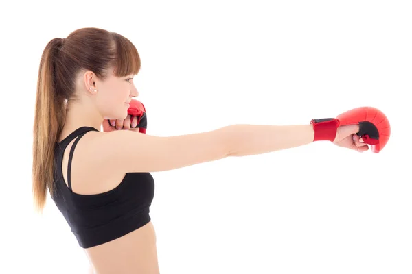 Belle femme mince dans les gants de boxe isolé sur blanc — Photo