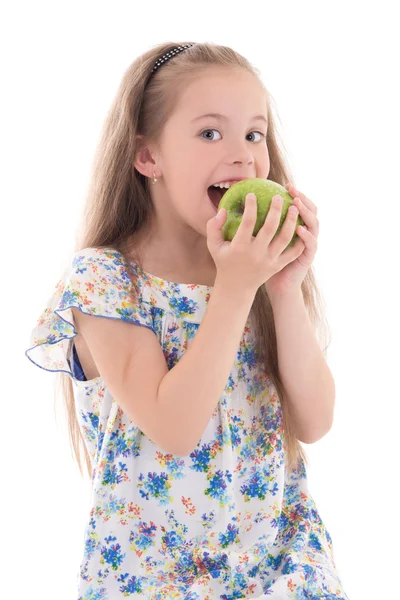 Hermosa niña mordiendo la manzana aislado en blanco —  Fotos de Stock