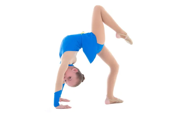 Malý sportovní gymnastka v modré barvě na bílém pozadí — Stock fotografie