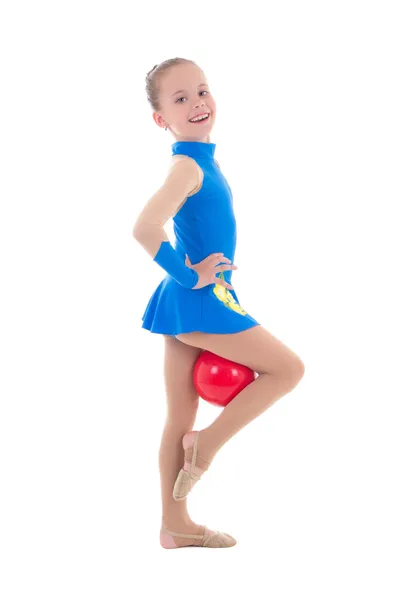 Mignonne petite fille recourir à une gymnastique avec ballon isolé sur blanc — Photo