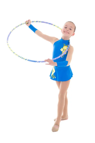 Cute little girl doing gymnastics with hoop isolated on white — Stock Photo, Image