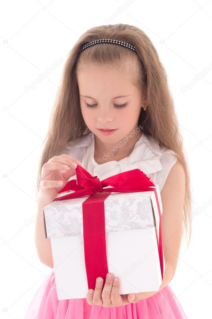 beautiful little girl with gift isolated on white