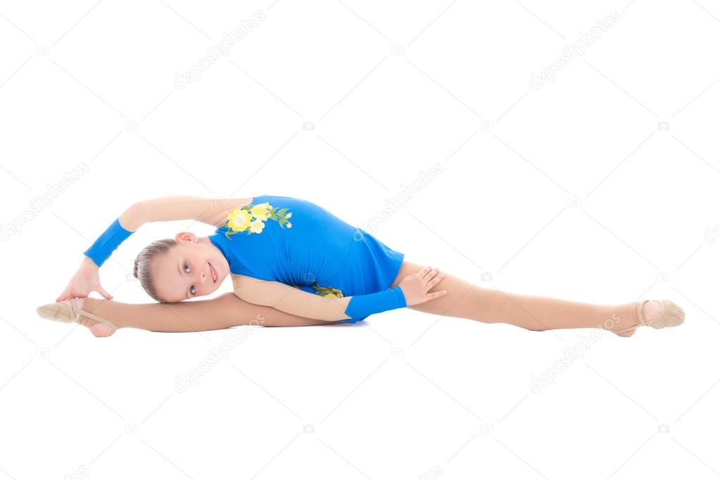 beautiful little girl in blue doing gymnastics isolated on white