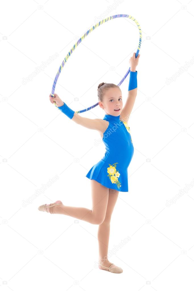 little girl doing gymnastics with hoop isolated on white