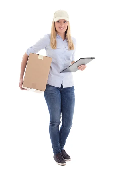 Женщина курьер с картонный ящик и буфера обмена, изолированные на белом — стоковое фото