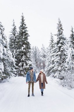 Ormanda yürüyen mutlu genç bir çiftin tam boy portresi