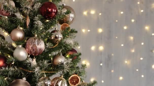 Közelről Díszített Karácsonyfa Felett Ünnepi Fények Háttér — Stock videók