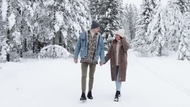 Χαριτωμένο Ζευγάρι Στην Αγάπη Περπάτημα Στο Δάσος Του Χειμώνα — Αρχείο Βίντεο