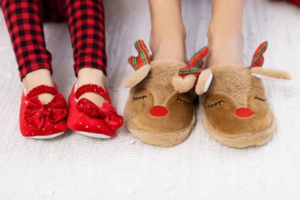 Close Christmas Slippers Female Child Legs — Stock Photo, Image