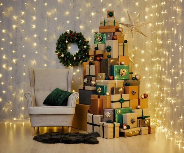 Fundo Natal Interior Casa Com Poltrona Luzes Led Caixas Presente — Fotografia de Stock