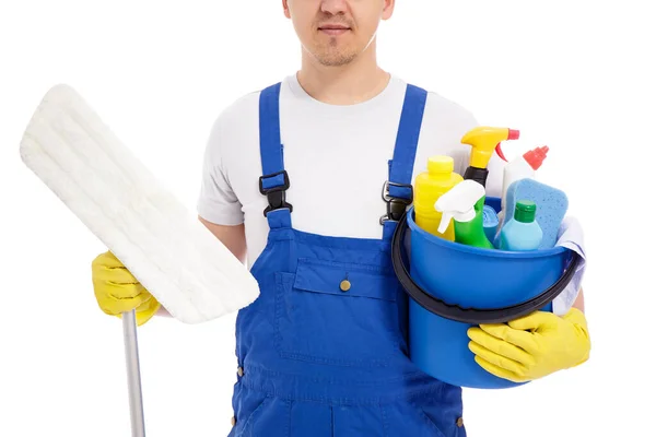 Conceito Limpeza Esfregona Balde Com Equipamento Limpeza Mãos Masculinas Isoladas — Fotografia de Stock