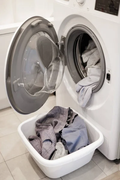 Close Modern Washing Machine Laundry Bathroom — 图库照片