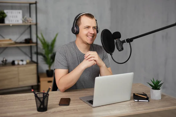 Portrait Cheerful Handsome Guy Streaming His Audio Podcast Using Microphone — Zdjęcie stockowe