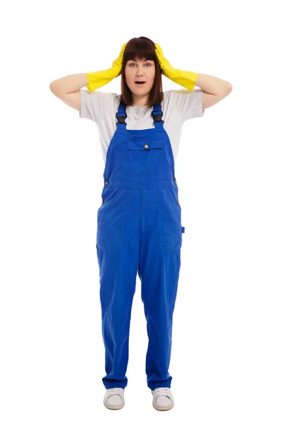 Full Length Portrait Surprised Shocked Woman Blue Robe Uniform Yellow — Stock Photo, Image