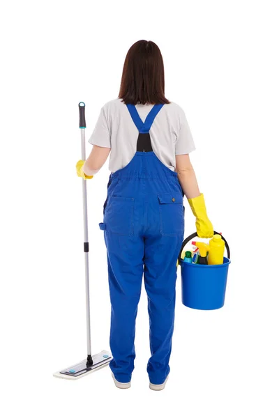 Back View Mulher Limpador Uniforme Azul Posando Com Esfregão Equipamentos — Fotografia de Stock