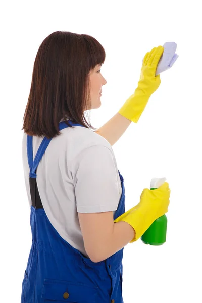 Achteraanzicht Van Professionele Vrouwelijke Reiniger Blauw Uniform Schoonmaken Iets Met — Stockfoto