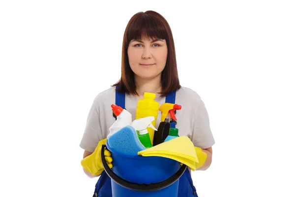 Prace Domowe Koncepcja Sprzątania Młoda Sprzątaczka Niebieskim Mundurze Żółtych Rękawiczkach — Zdjęcie stockowe