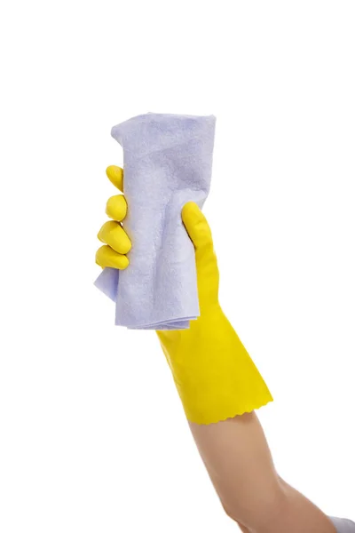 Έννοια Καθαρισμού Χέρι Κίτρινο Γάντι Καουτσούκ Καθαρισμού Κάτι Κουρέλι Απομονώνονται — Φωτογραφία Αρχείου