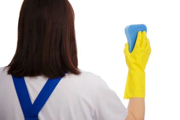 Back View Brunette Woman Cleaning Something Sponge Isolated White Background — Stock Photo, Image