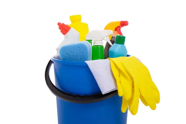 Cleaning Concept Close Blue Bucket Cleaning Equipment Isolated White Background — Stock Photo, Image