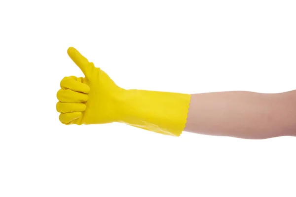 Έννοια Housekeping Χέρι Κίτρινο Γάντι Καουτσούκ Αντίχειρες Επάνω Απομονώνονται Λευκό — Φωτογραφία Αρχείου