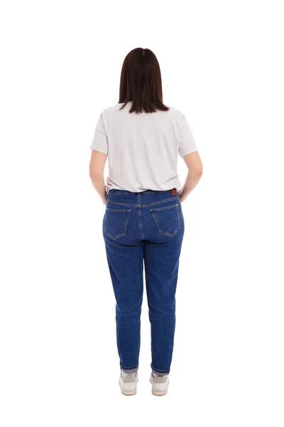 Visão Traseira Mulher Roupas Casuais Isolado Fundo Branco — Fotografia de Stock