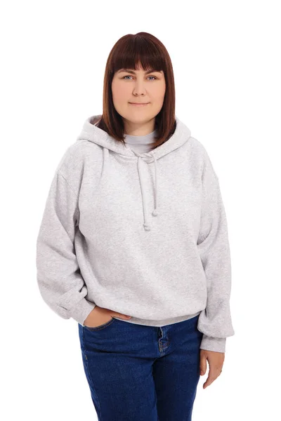 Porträt Einer Jungen Frau Die Jeans Und Kapuzenpulli Auf Weißem — Stockfoto