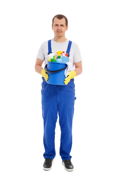 Profesjonalna Koncepcja Usługi Sprzątania Pełny Portret Męskiego Czyściciela Niebieskim Mundurze — Zdjęcie stockowe