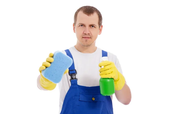 Portret Przystojnego Mężczyzny Profesjonalny Sprzątaczka Niebieskim Jednolitym Oknie Czyszczenia Chusteczki — Zdjęcie stockowe