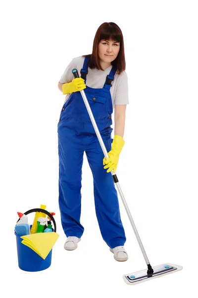 Conceito Serviço Limpeza Profissional Retrato Mulher Jovem Limpador Piso Limpeza — Fotografia de Stock