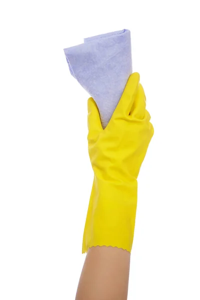 Cleaning Concept Hand Yellow Rubber Glove Holding Rag Isolated White — Stock Photo, Image