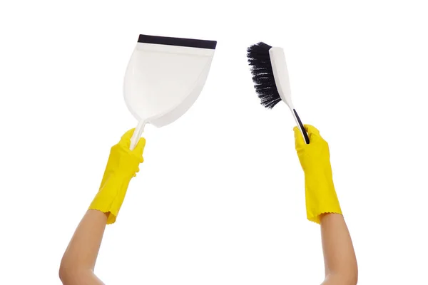 Housekeeping Konzept Hände Gelben Gummihandschuhen Halten Pinsel Und Kehrschaufel Isoliert — Stockfoto