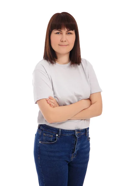 Portret Van Jonge Vrouw Poseren Casual Kleding Geïsoleerd Witte Achtergrond — Stockfoto