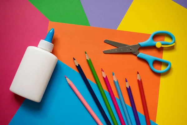 Creativity Concept Set Application Colorful Paper Pencils Glue Scissors — Stock Photo, Image