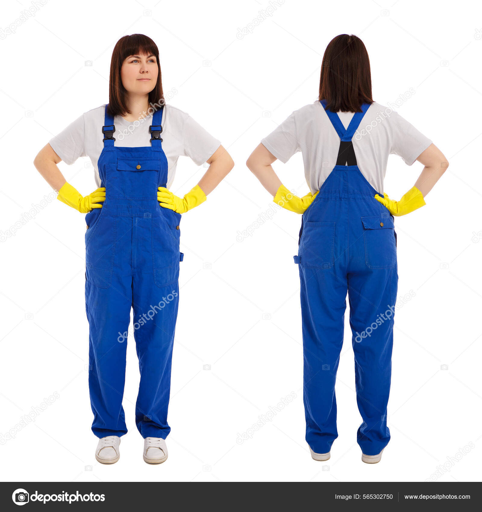 Front Back View Young Beautiful Woman Blue Uniform Yellow Gloves Stock