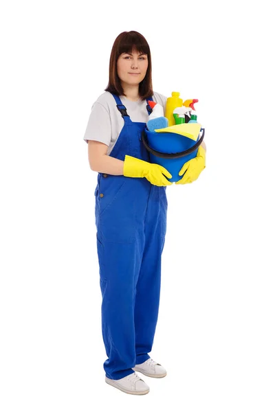 Housework Cleaning Concept Full Length Portrait Female Cleaner Blue Uniform — Zdjęcie stockowe