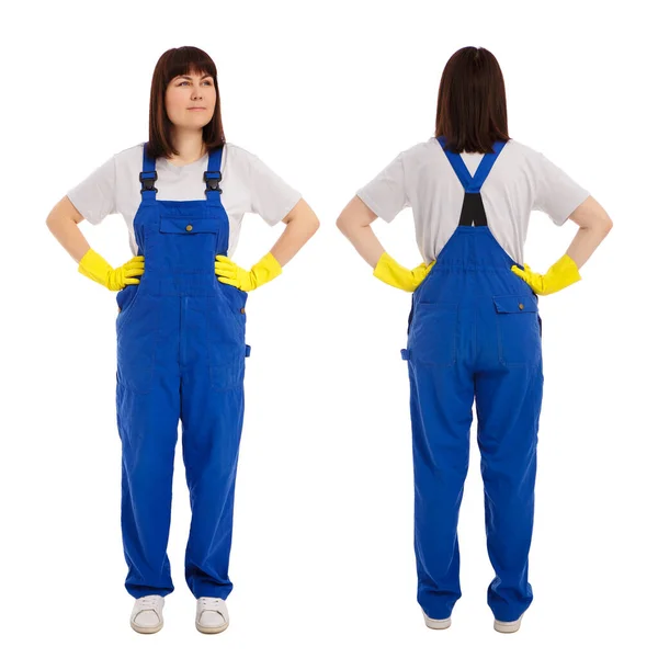 Front Back View Young Beautiful Woman Blue Uniform Yellow Gloves — Fotografia de Stock