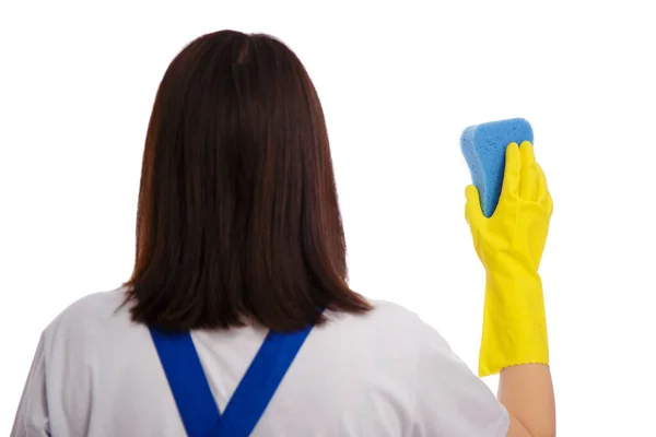 Back View Female Cleaner Cleaning Something Sponge Isolated White Background — Zdjęcie stockowe