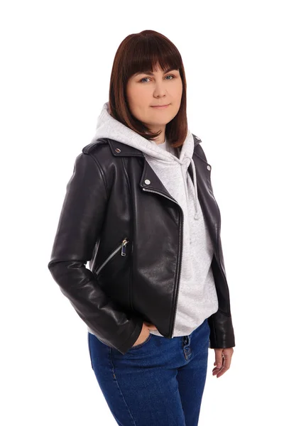 Portrait Young Woman Posing Jeans Hoodie Black Leather Jacket Isolated — Photo