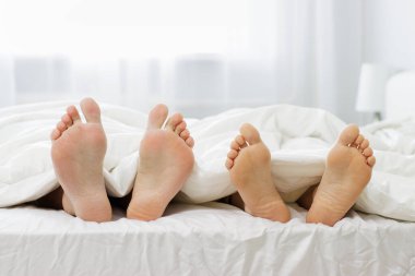 ilişki, yaşam tarzı ve rahatlama kavramı - erkek ve kadın bacakları beyaz battaniye altında