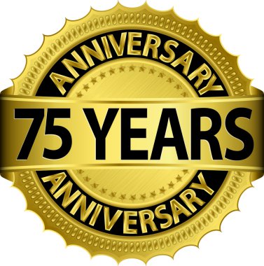 75 years anniversary goldhn label with ribbon, vector illustration clipart